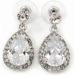Bridal Crystal Glass Teardrop Earrings In Rhodium Plating